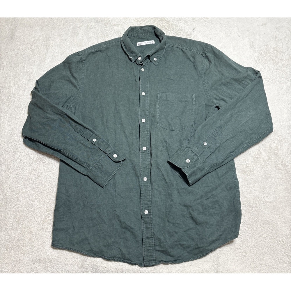 Zara Linen Shirt Men's Size Large Green Long Sleeve Button Up